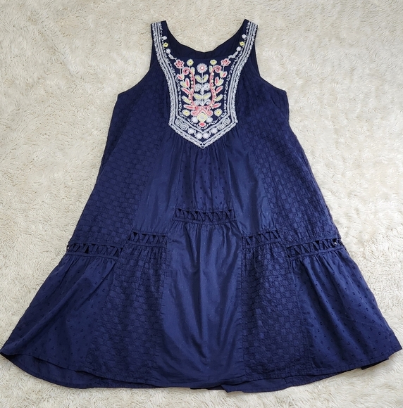 Anthropologie Maeve Tisa Swing Dress Flower & Mirror Embroidered Sz 6 Navy Blue - Picture 4 of 11